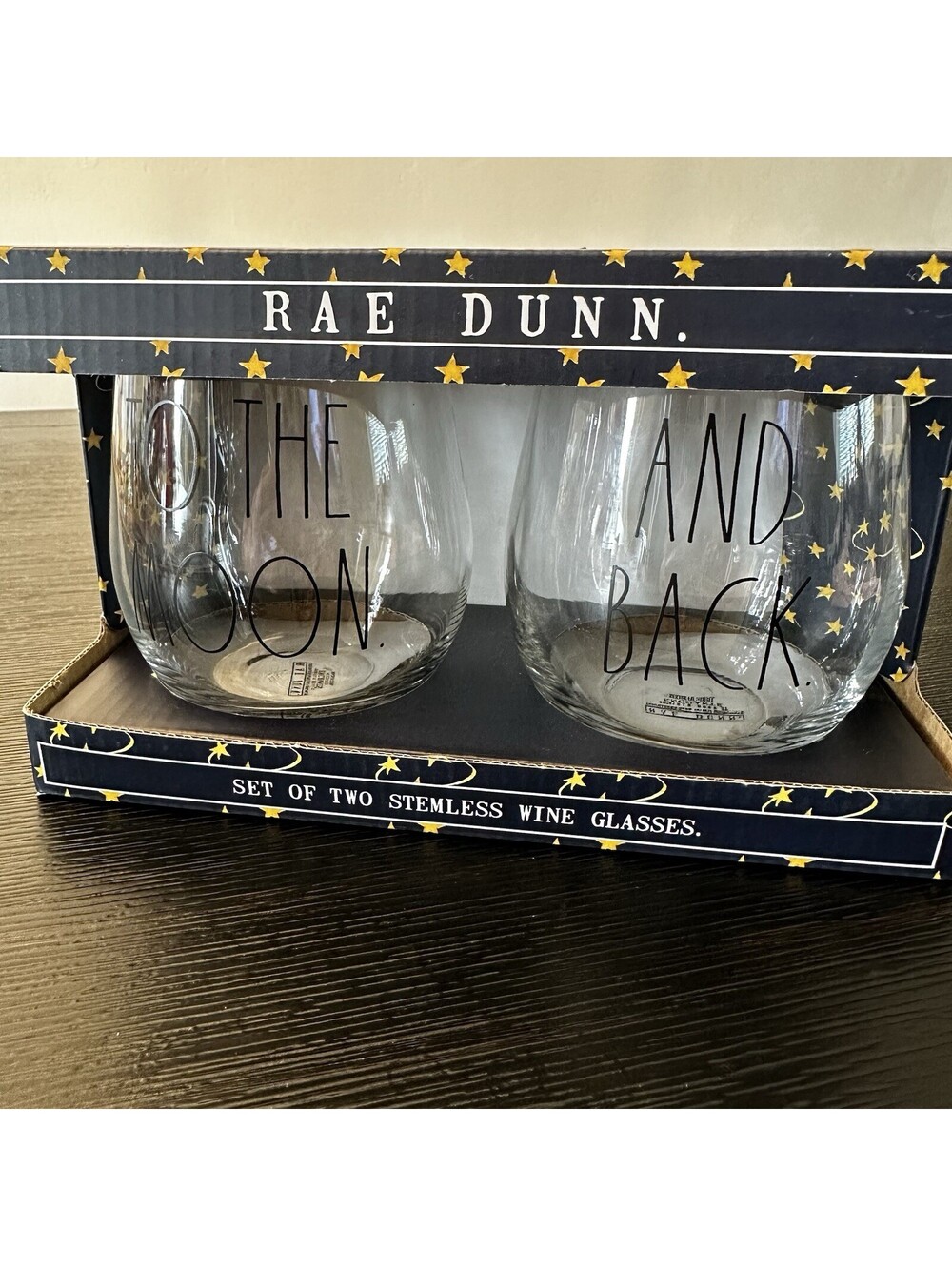 Rae Dunn By Enchante To The Moon And Back Clear Stemless Wine Glasses Set Of 2